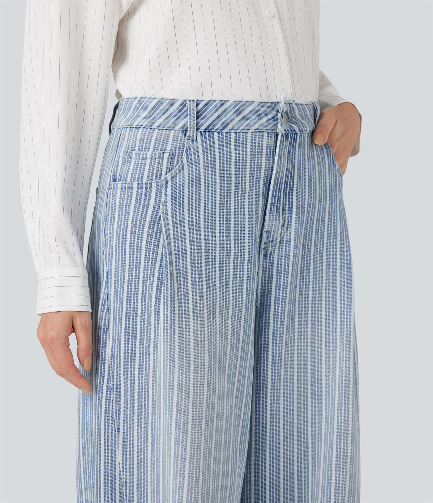Halara Flex™ High Waisted Stripes Casual Barrel Leg Jeans Pockets