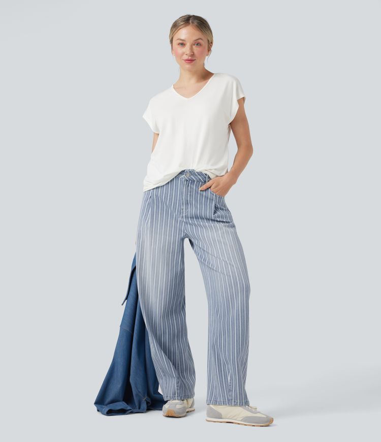 Halara Flex™ High Waisted Stripes Casual Barrel Leg Jeans Pockets
