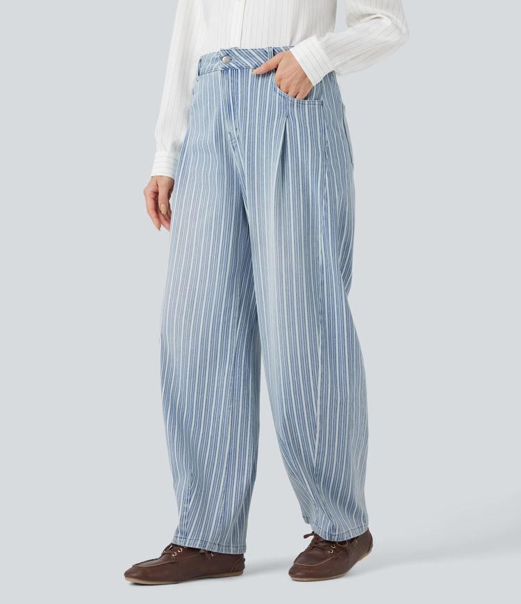 Halara Flex™ High Waisted Stripes Casual Barrel Leg Jeans Pockets