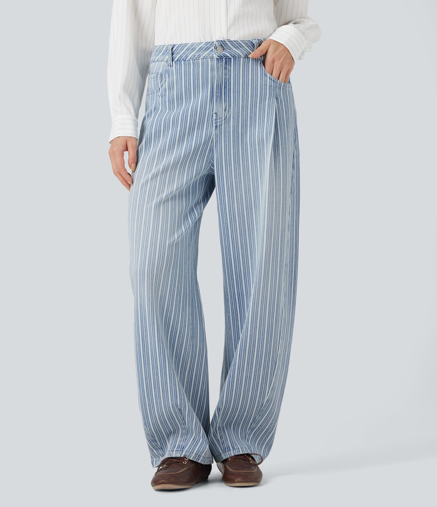 Halara Flex™ High Waisted Stripes Casual Barrel Leg Jeans Pockets