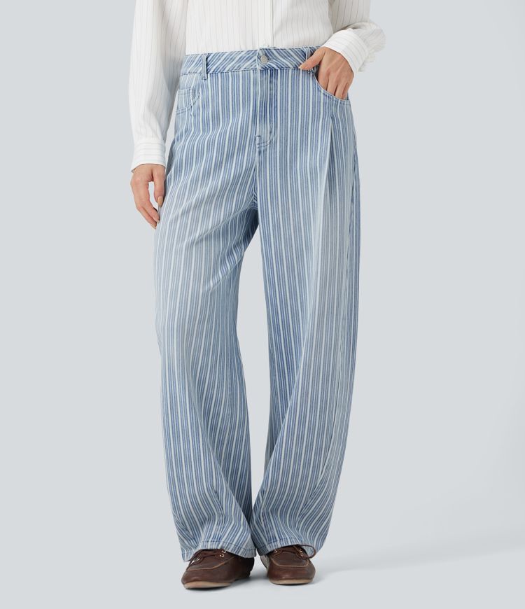 Halara Flex™ High Waisted Stripes Casual Barrel Leg Jeans Pockets