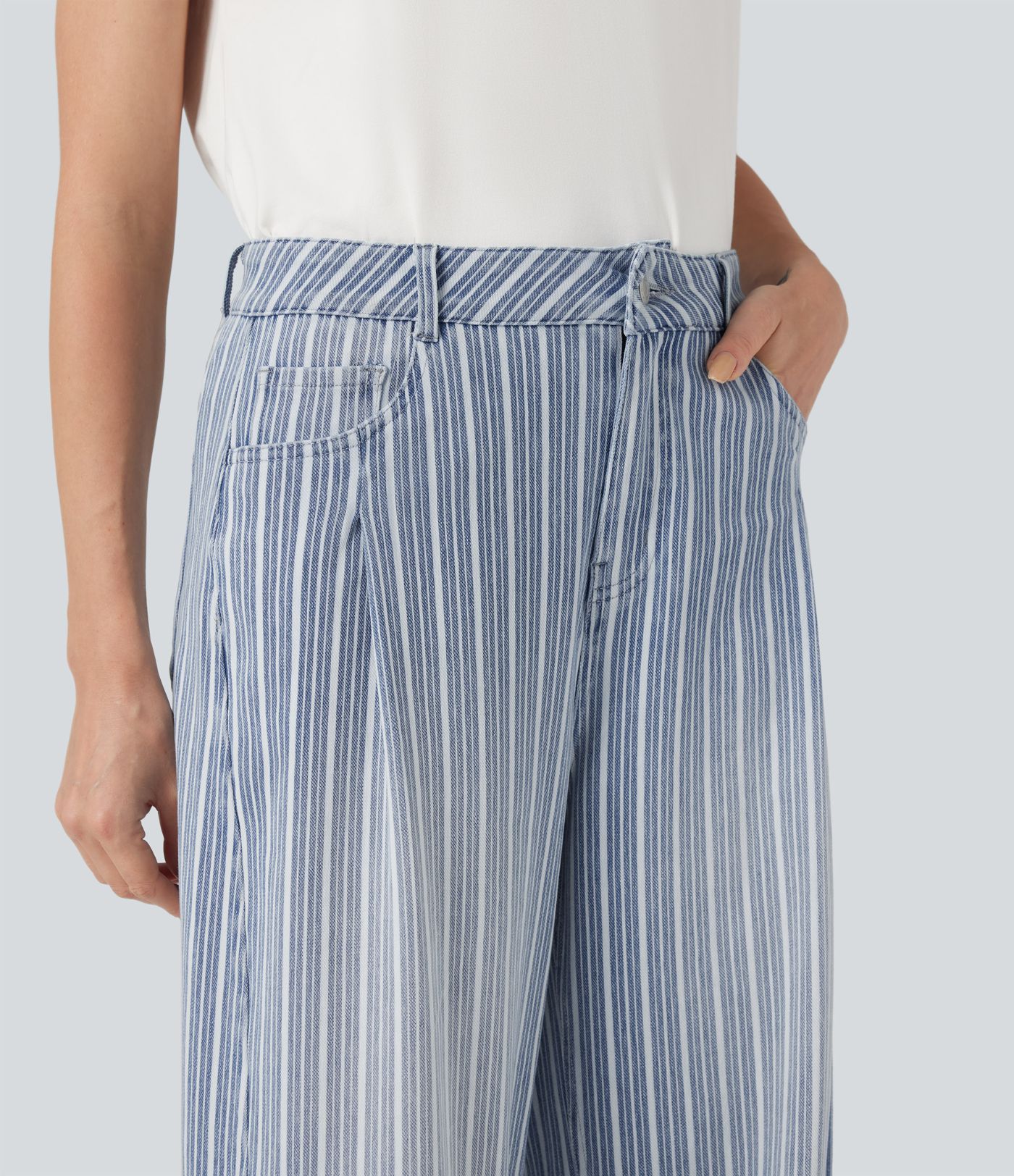 Halara Flex™ High Waisted Stripes Casual Barrel Leg Jeans Pockets