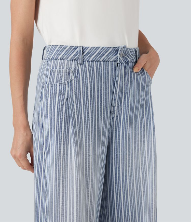 Halara Flex™ High Waisted Stripes Casual Barrel Leg Jeans Pockets