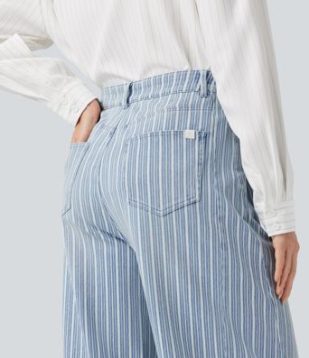 Halara Flex™ High Waisted Stripes Casual Barrel Leg Jeans Pockets