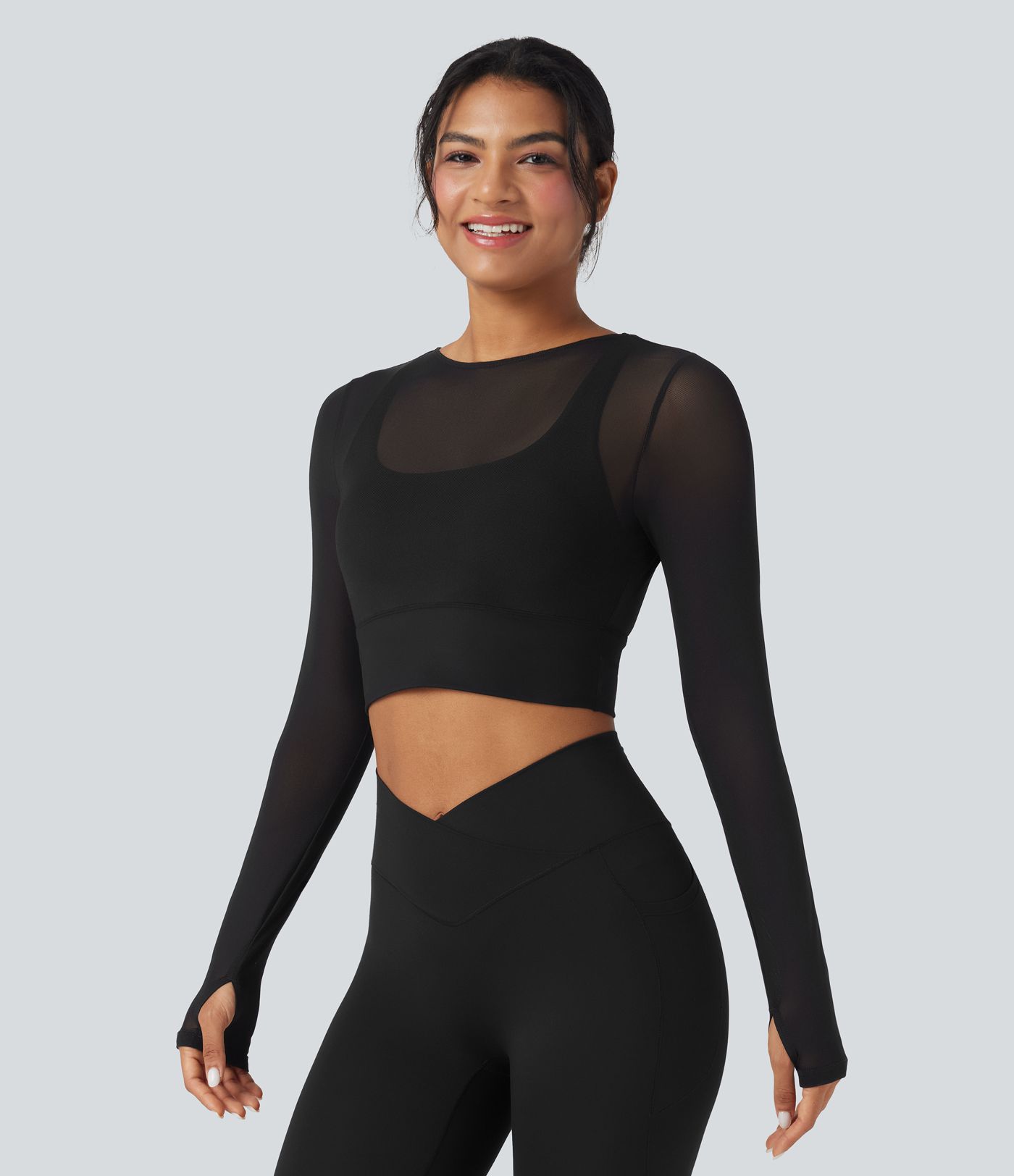 Contrast Mesh Long Sleeve Thumb Hole 2-in-1 Cropped Yoga Sports Top