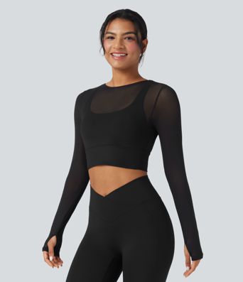 Contrast Mesh Long Sleeve Thumb Hole 2-in-1 Cropped Yoga Sports Top
