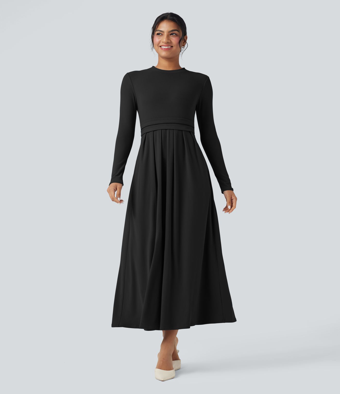 Robe longue col montant manches longues coupe évasée avec poches