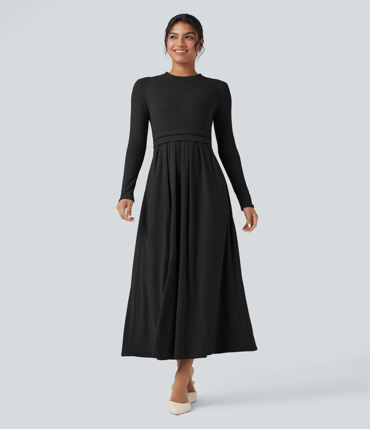 Robe longue col montant manches longues coupe évasée avec poches