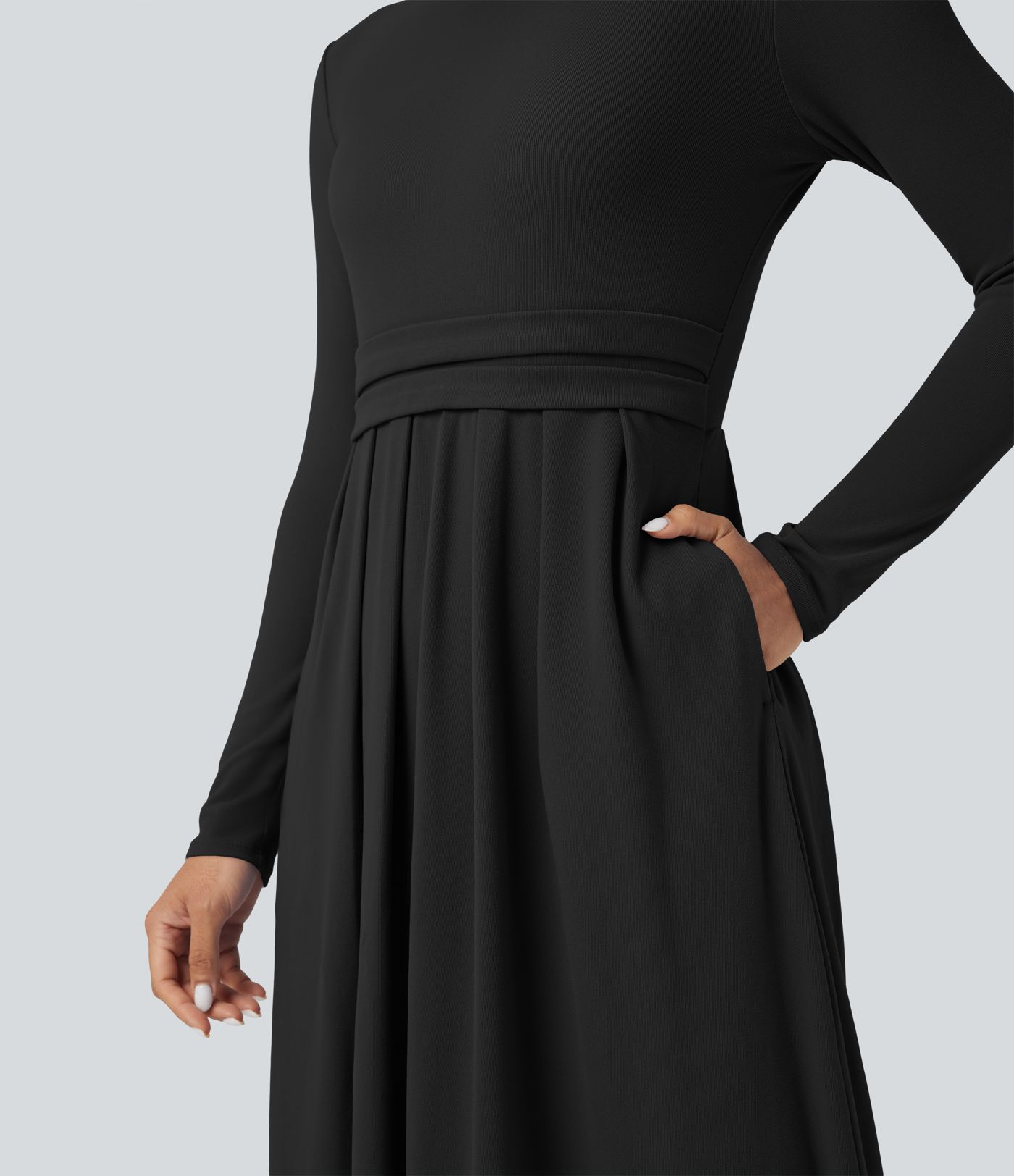 Robe longue col montant manches longues coupe évasée avec poches