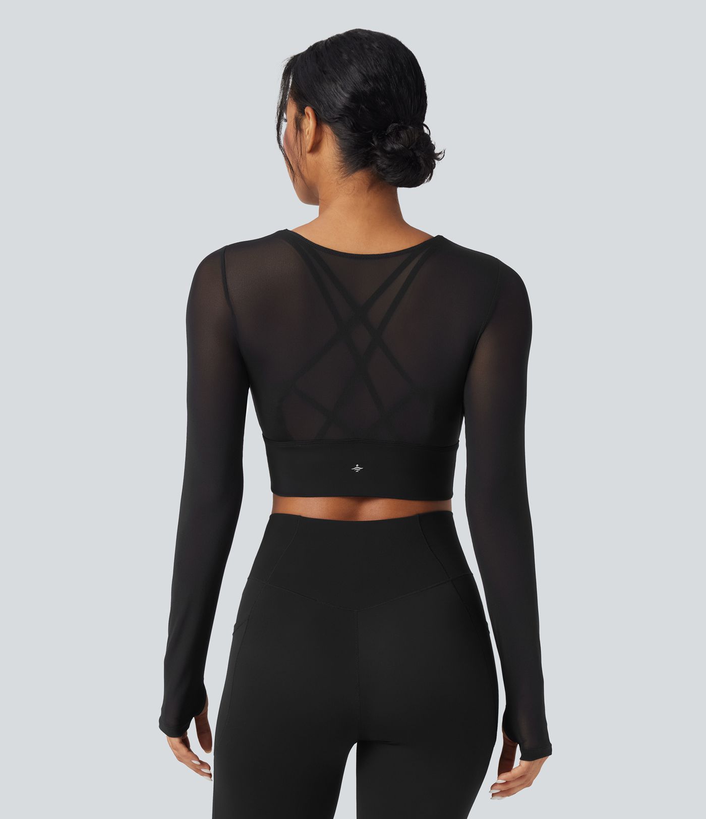 Contrast Mesh Long Sleeve Thumb Hole 2-in-1 Cropped Yoga Sports Top