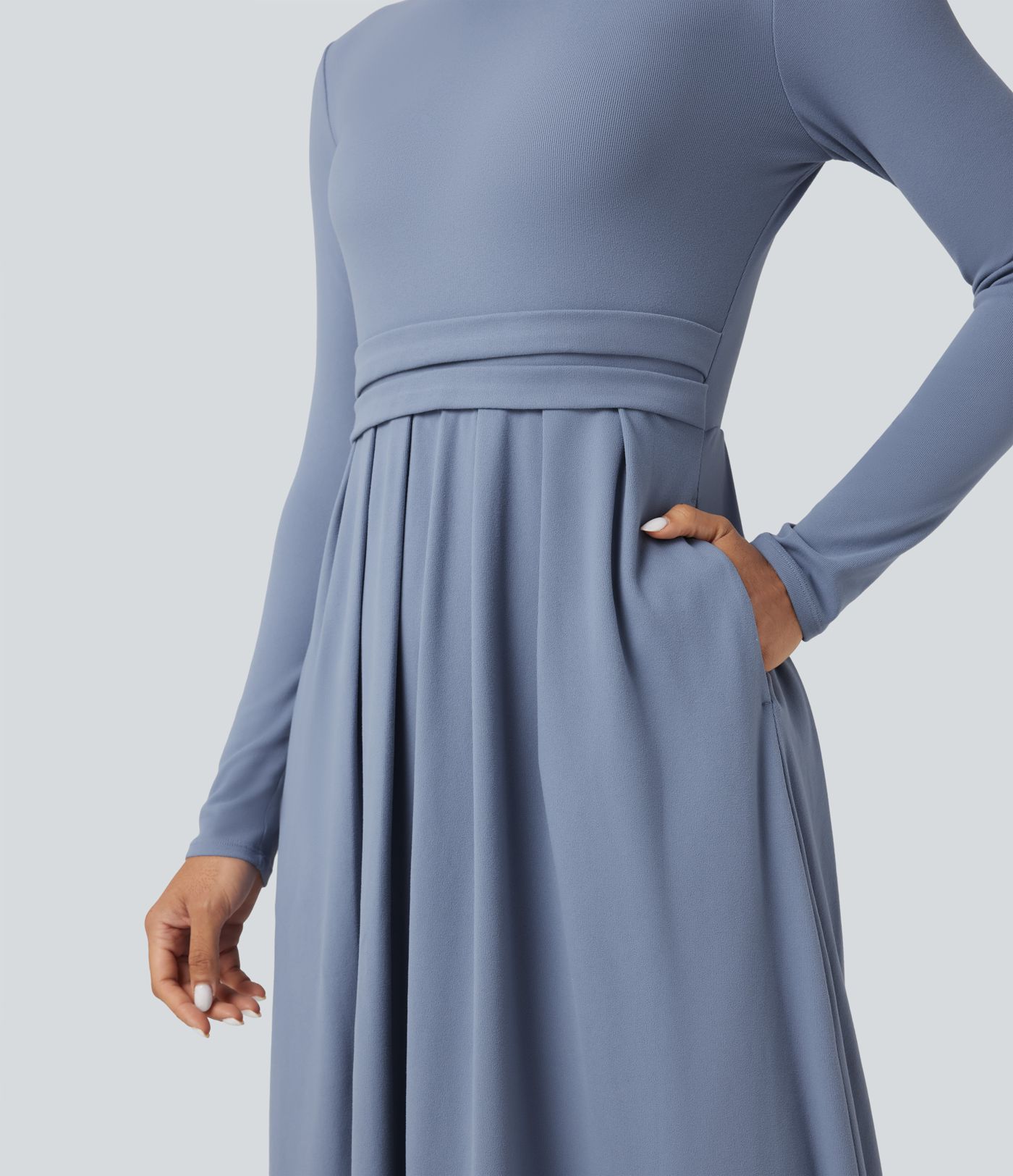 Lässiges Maxikleid in A-Linie mit Stehkragen und langen Ärmeln