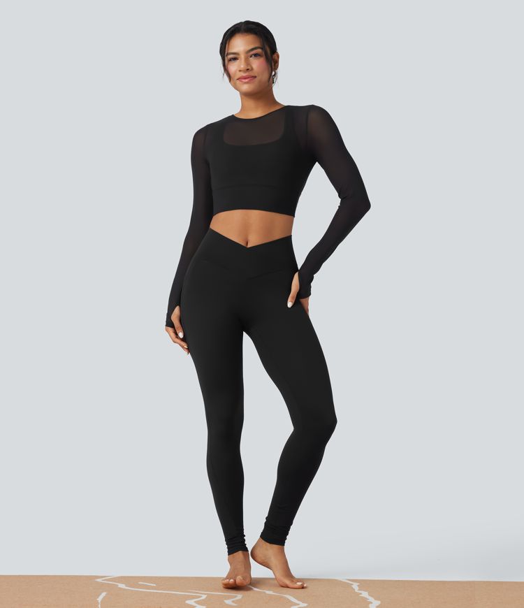 Contrast Mesh Long Sleeve Thumb Hole 2-in-1 Cropped Yoga Sports Top