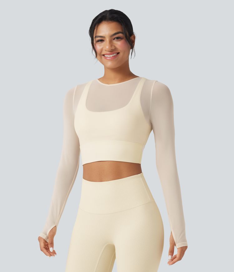 Contrast Mesh Long Sleeve Thumb Hole 2-in-1 Cropped Yoga Sports Top