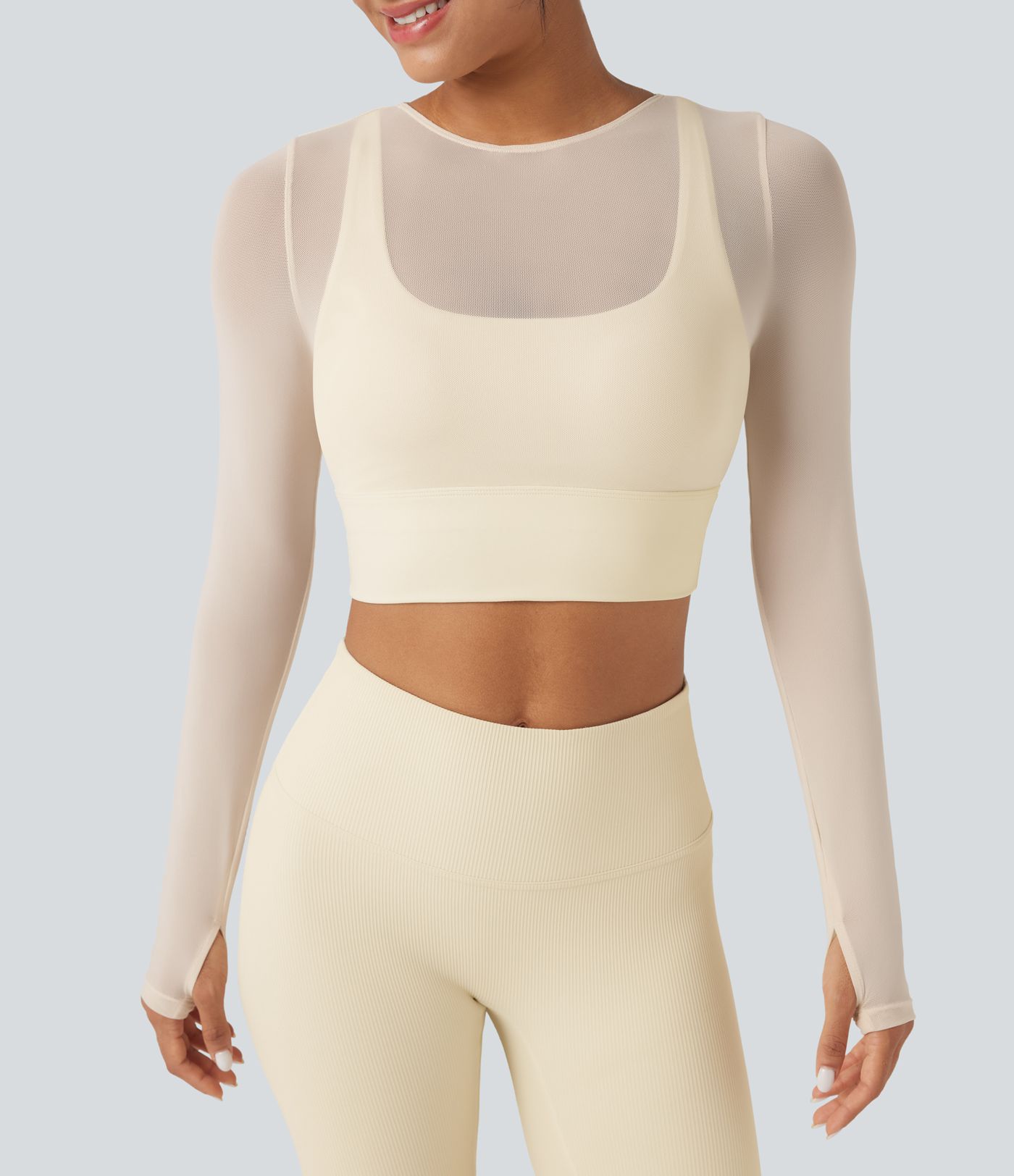 Verkürztes 2-in-1 Yoga-Sport-Top mit langen Ärmeln, Daumenlöchern und kontrastierendem Mesh