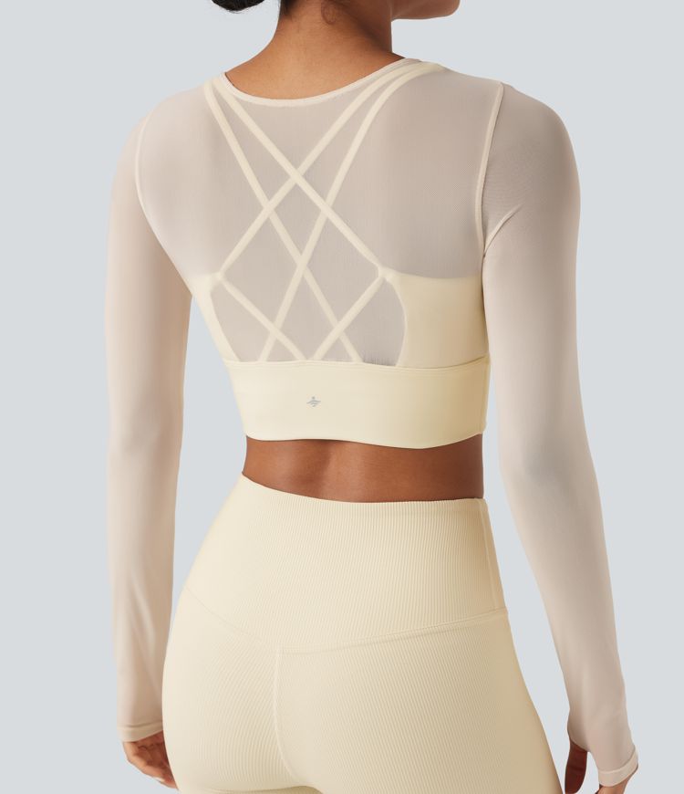 Contrast Mesh Long Sleeve Thumb Hole 2-in-1 Cropped Yoga Sports Top