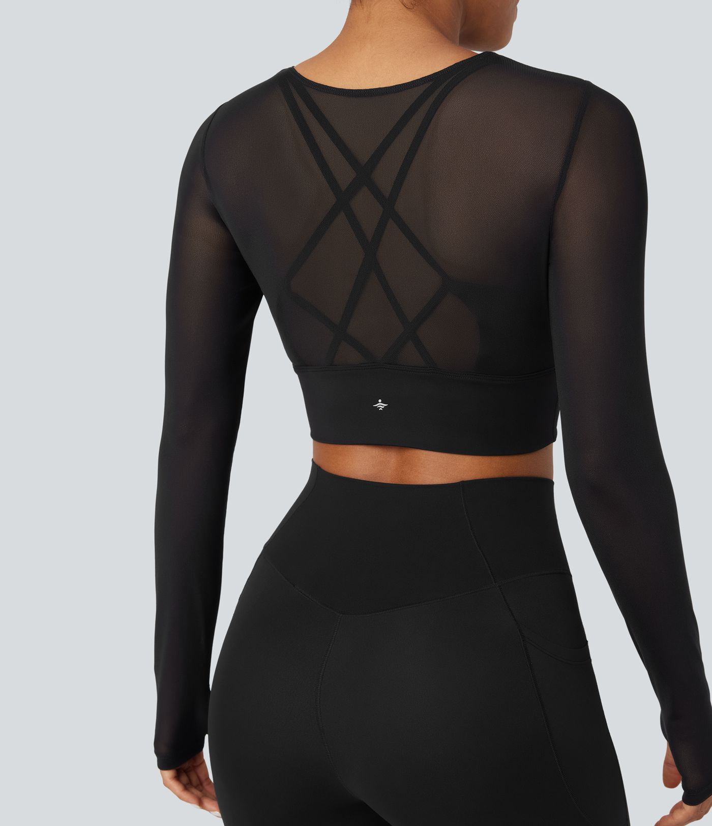 Contrast Mesh Long Sleeve Thumb Hole 2-in-1 Cropped Yoga Sports Top