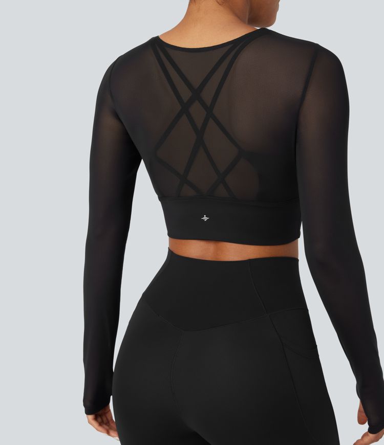 Contrast Mesh Long Sleeve Thumb Hole 2-in-1 Cropped Yoga Sports Top