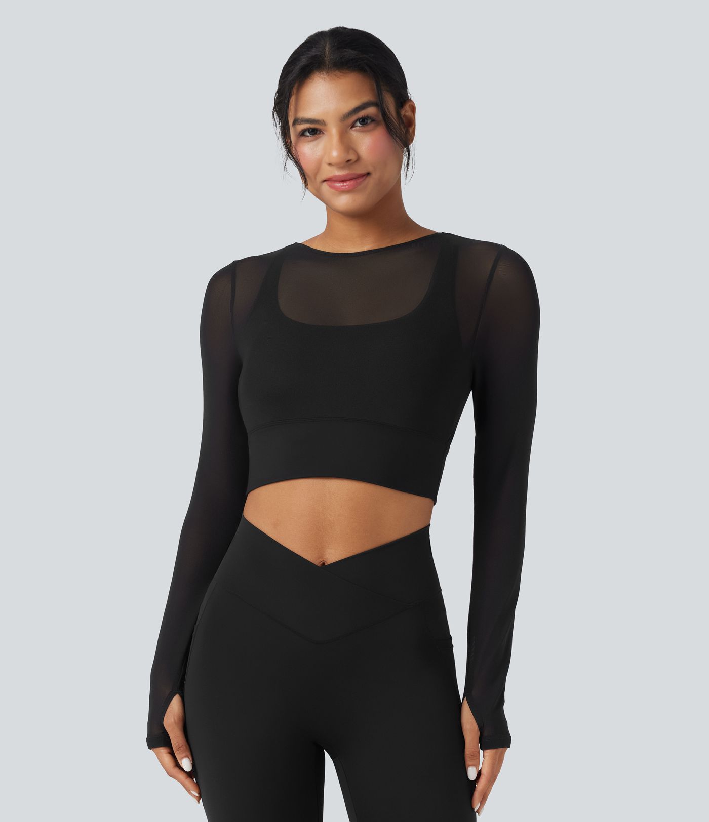 Contrast Mesh Long Sleeve Thumb Hole 2-in-1 Cropped Yoga Sports Top