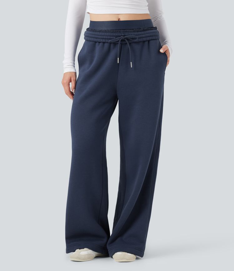 Pantalon en coton molleton large taille haute avec cordon et poches