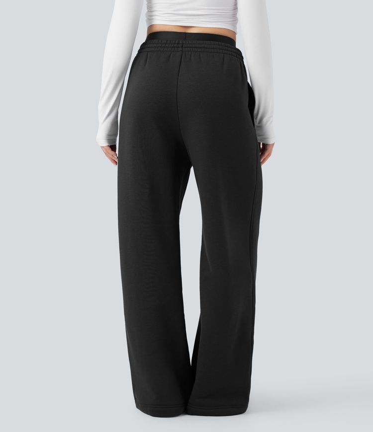 High Waisted Drawstring Wide Leg Fleece Casual Cotton Trousers with Pockets