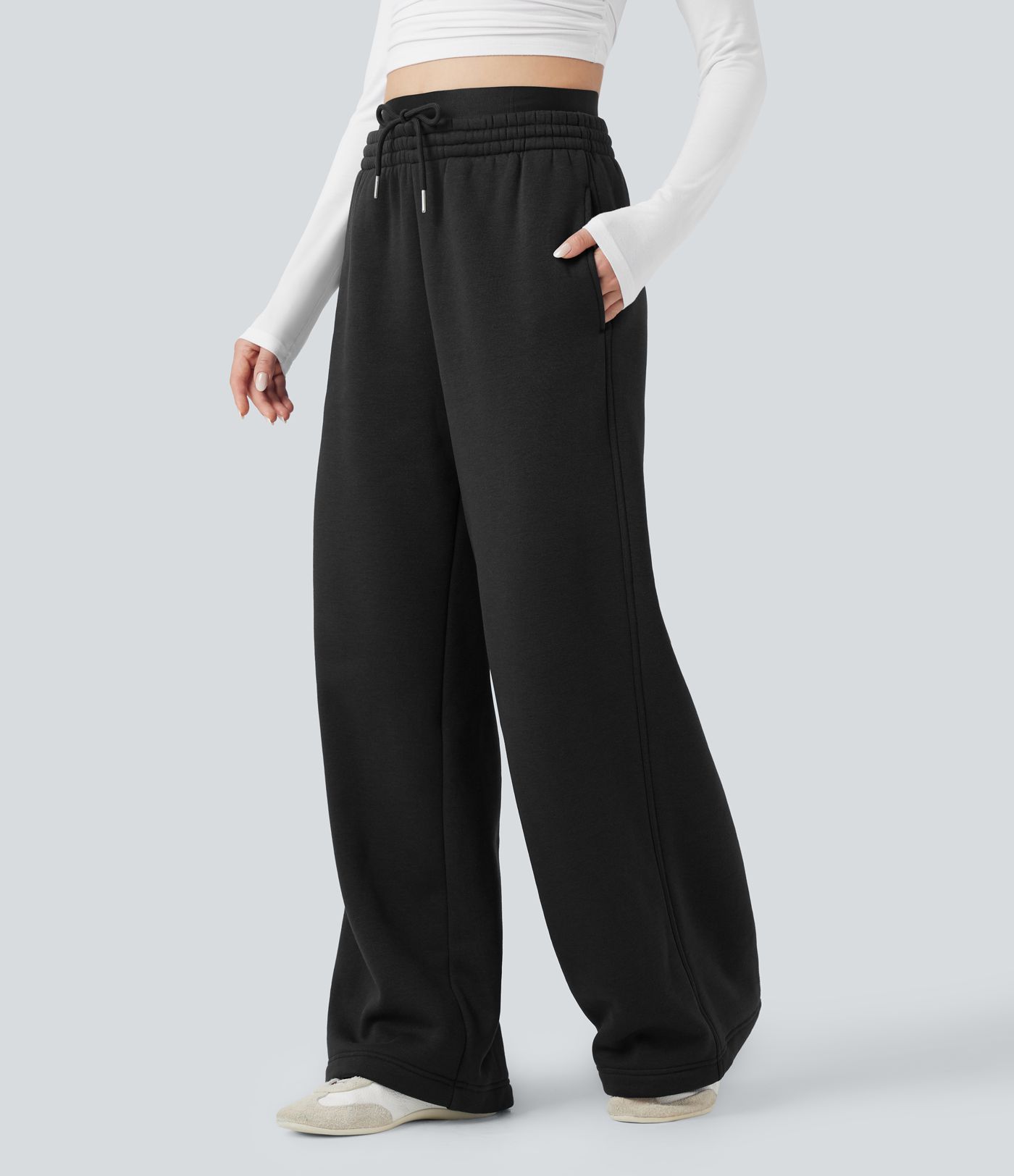 High Waisted Drawstring Wide Leg Fleece Casual Cotton Pants with Pockets