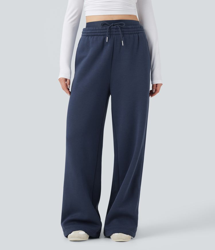Pantalon en coton molleton large taille haute avec cordon et poches