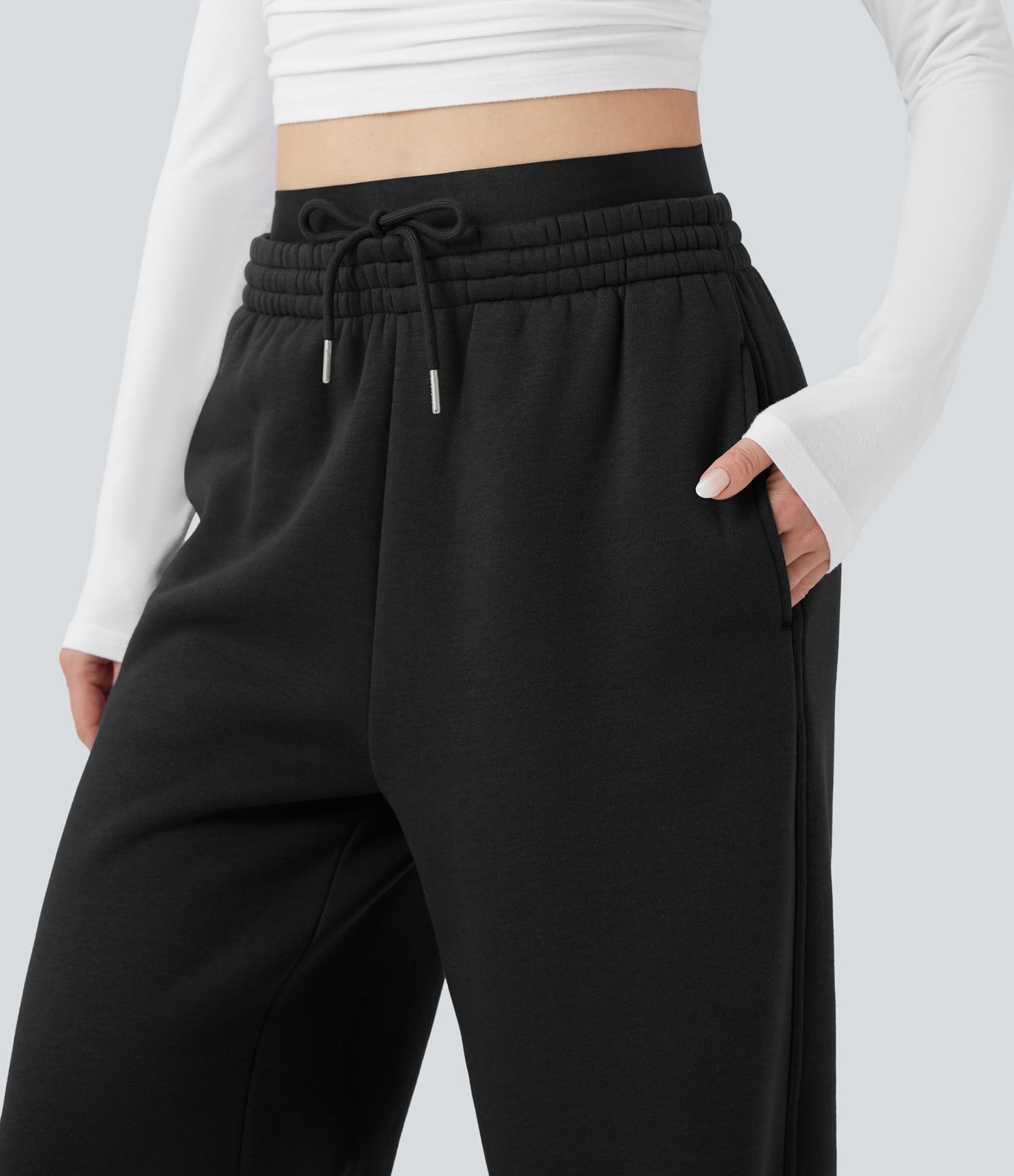 High Waisted Drawstring Wide Leg Fleece Casual Cotton Pants with Pockets
