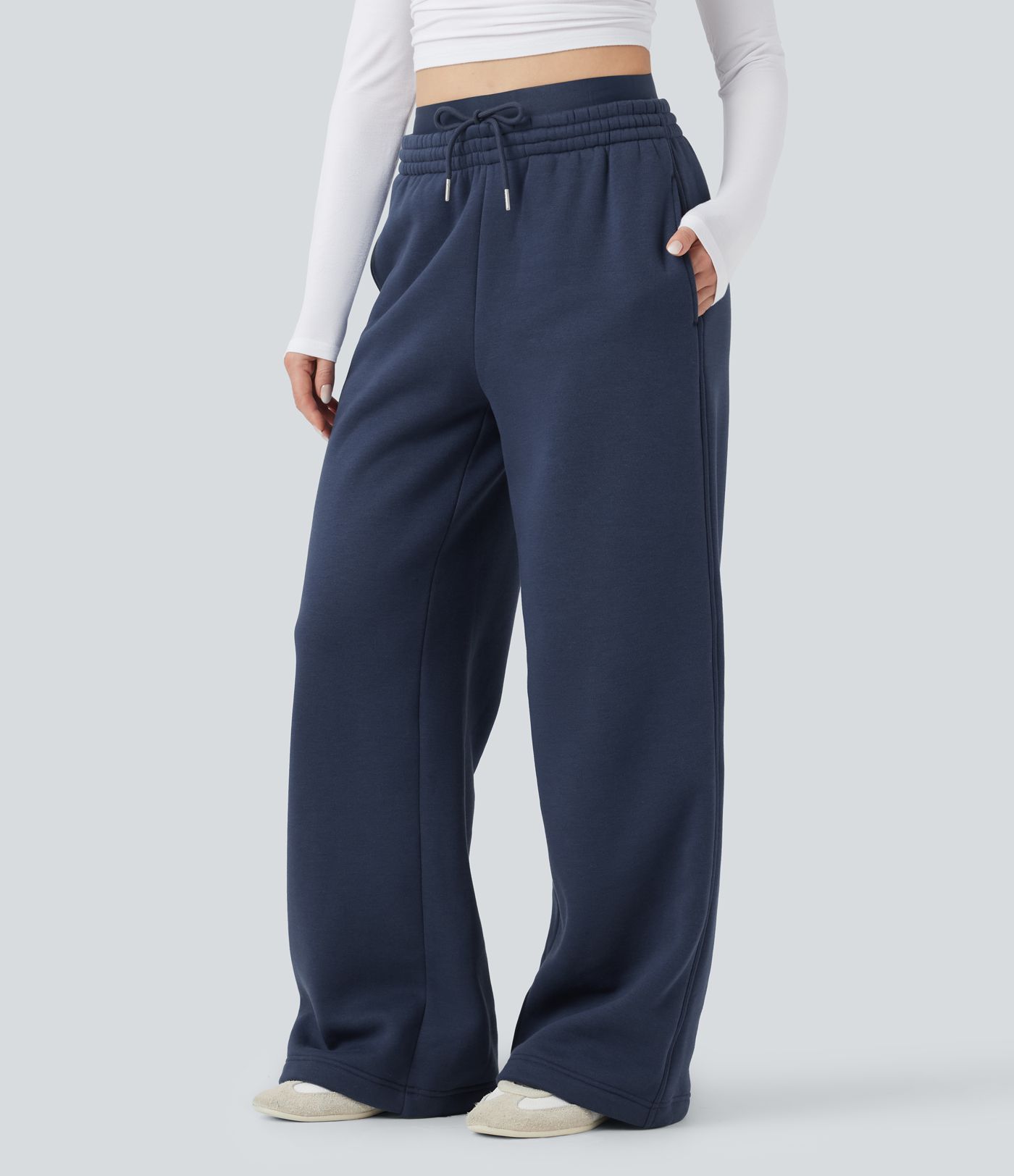 Pantalon jogging en coton molleton large taille haute avec cordon et poches