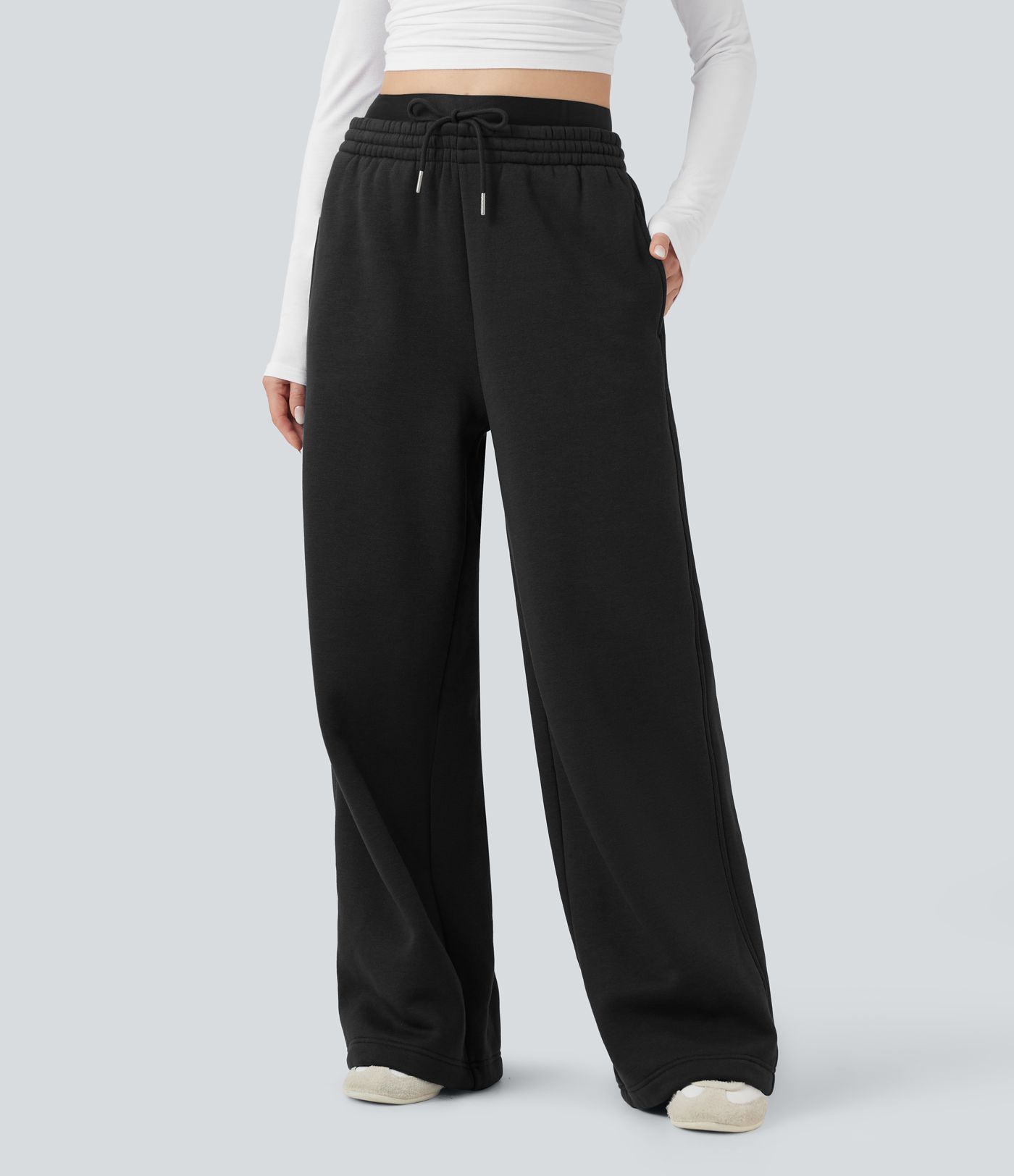 High Waisted Drawstring Wide Leg Fleece Casual Cotton Pants with Pockets