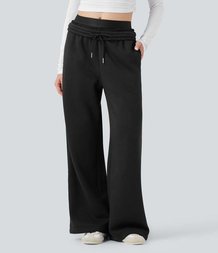 High Waisted Drawstring Wide Leg Fleece Casual Cotton Trousers with Pockets