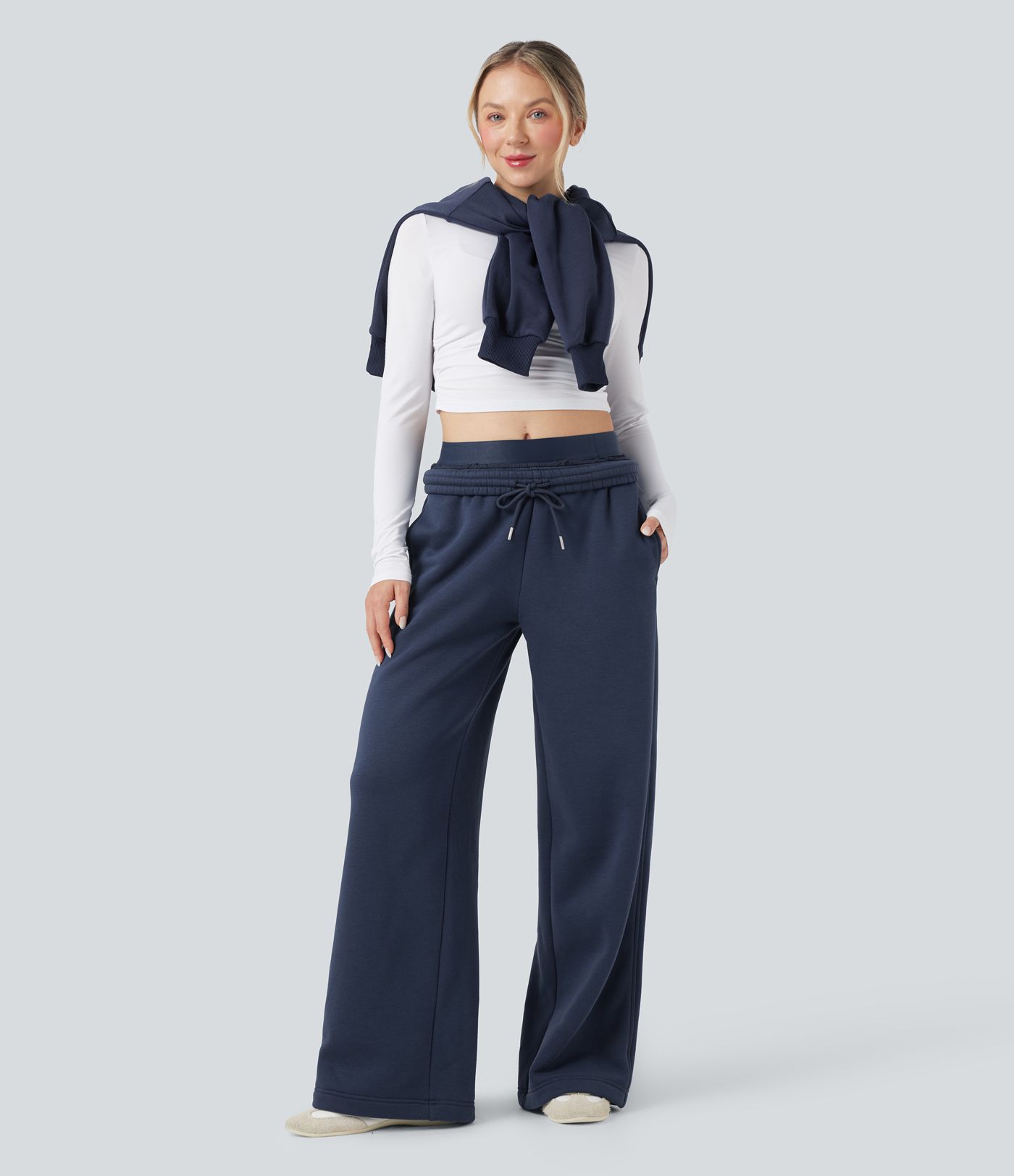 Pantalon jogging en coton molleton large taille haute avec cordon et poches