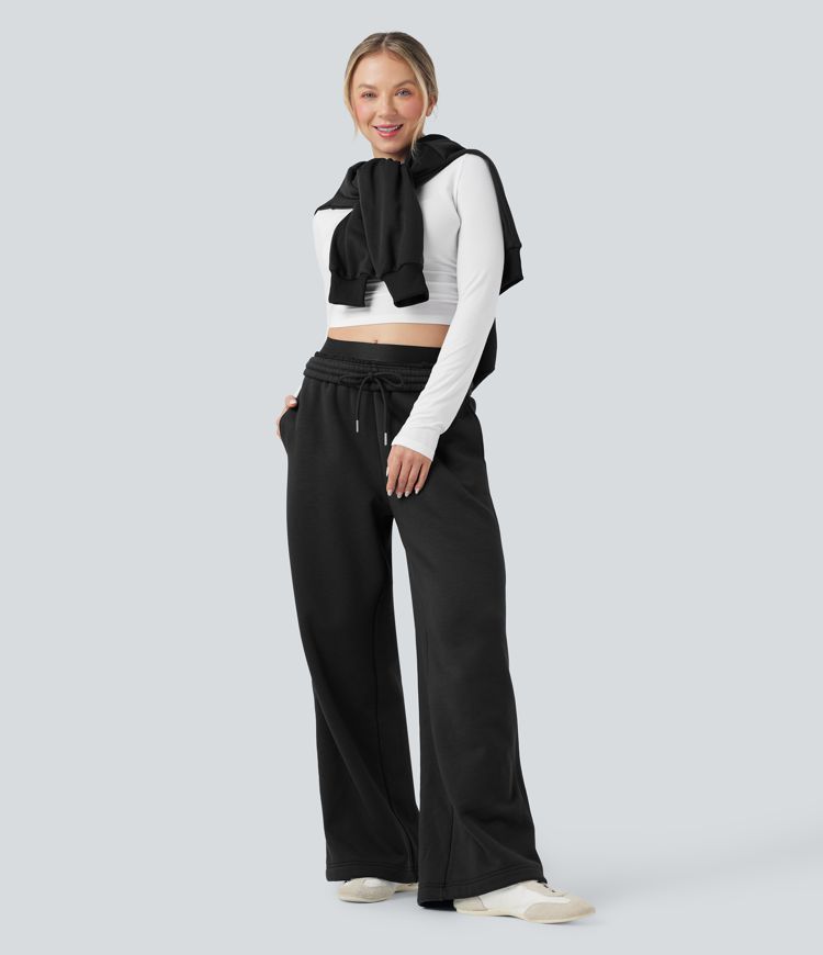 High Waisted Drawstring Wide Leg Fleece Casual Cotton Pants with Pockets