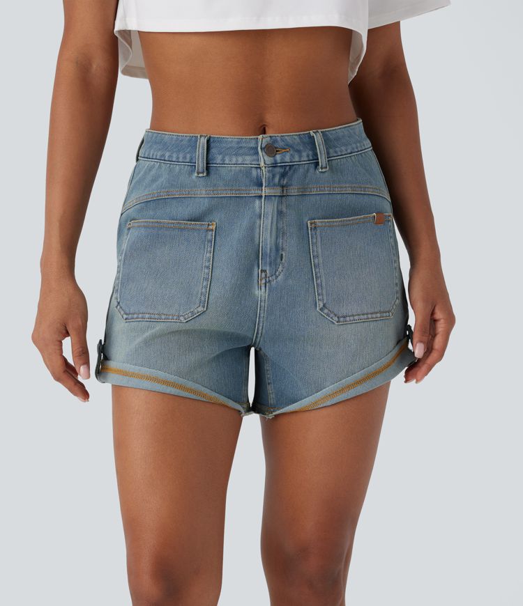 Halara Flex™ Mid Rise Pocket Rolled Hem Washed Denim Casual Shorts