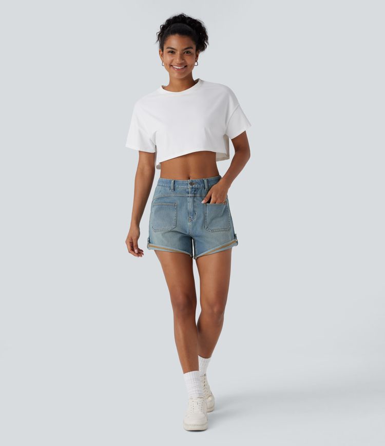 Halara Flex™ Mid Rise Pocket Rolled Hem Washed Denim Casual Shorts