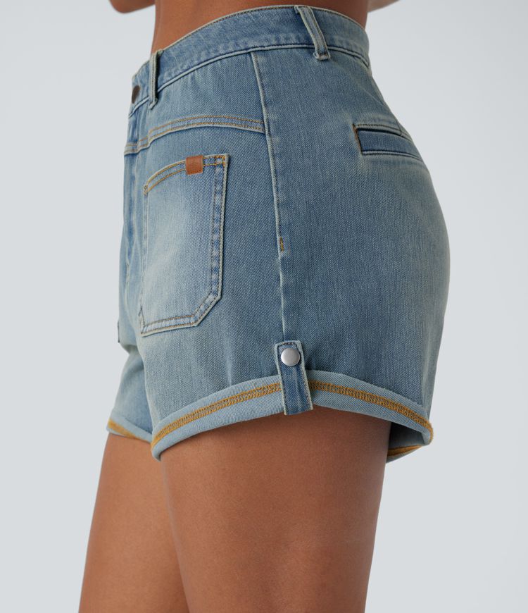 Halara Flex™ Mid Rise Pocket Rolled Hem Washed Denim Casual Shorts