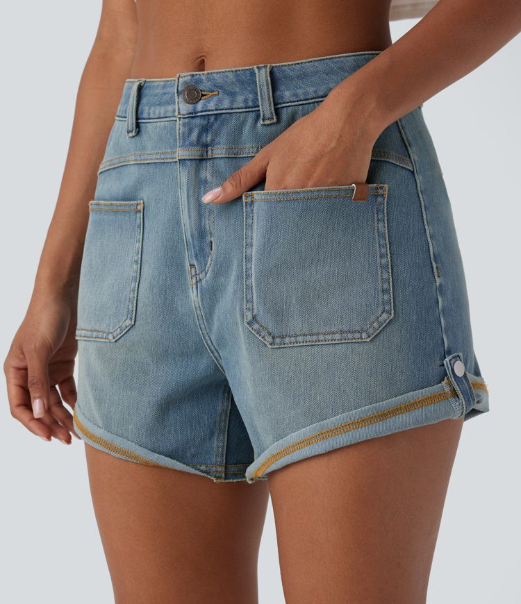 Halara Flex™ Mid Rise Pocket Rolled Hem Washed Denim Casual Shorts