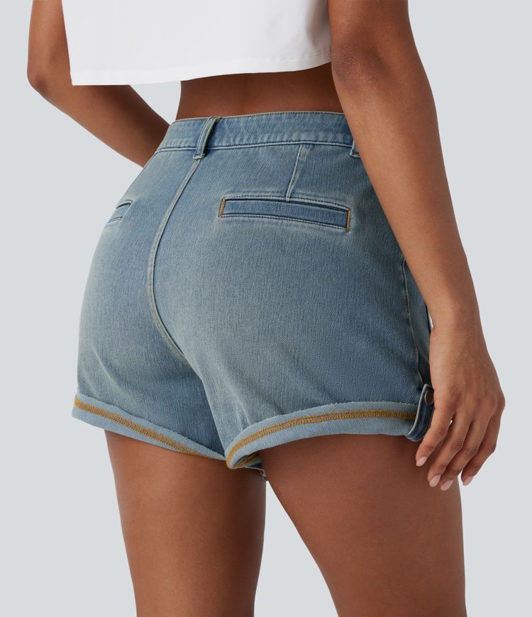 Halara Flex™ Mid Rise Pocket Rolled Hem Washed Denim Casual Shorts