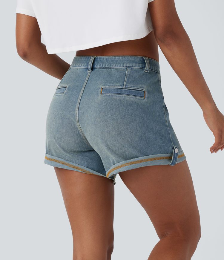 Halara Flex™ Mid Rise Pocket Rolled Hem Washed Denim Casual Shorts