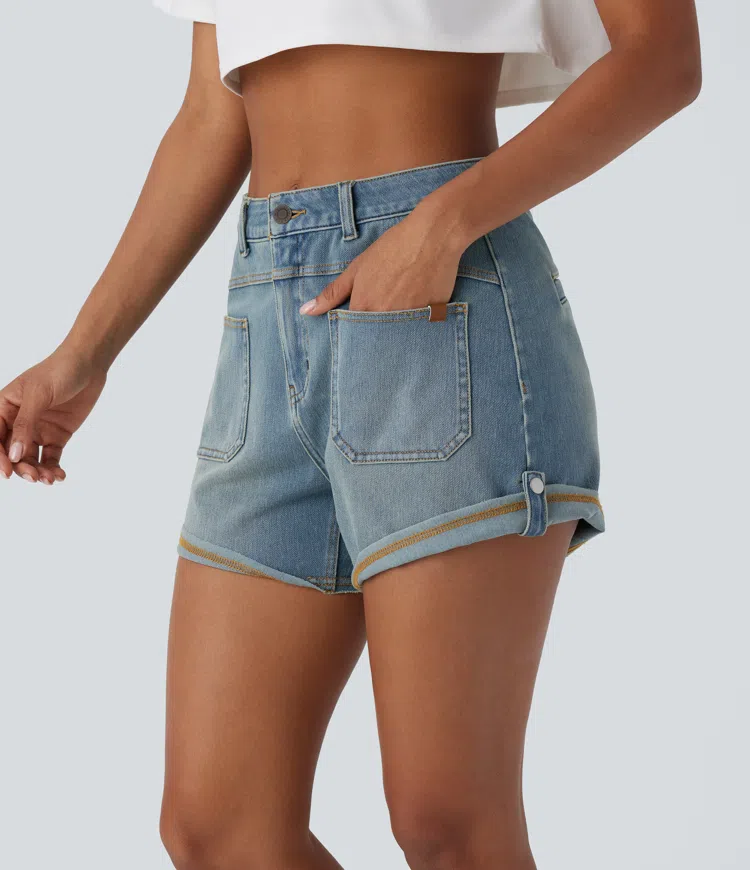 Halara Flex™ Mid Rise Pocket Rolled Hem Washed Denim Casual Shorts