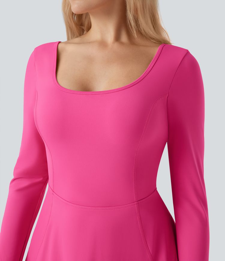 SoftlyZero™ Vzdušné U Výstrihové Dlhé Rukávy s Otvorom na Palec 2-v-1 Chladivé Mini Tanečné Aktívne Šaty s Vreckami-Ľahké Oblečenie