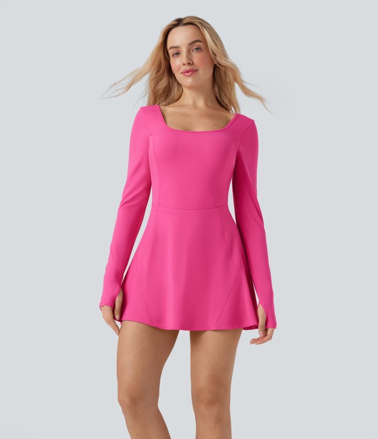 SoftlyZero™ Vzdušné U Výstrihové Dlhé Rukávy s Otvorom na Palec 2-v-1 Chladivé Mini Tanečné Aktívne Šaty s Vreckami-Ľahké Oblečenie