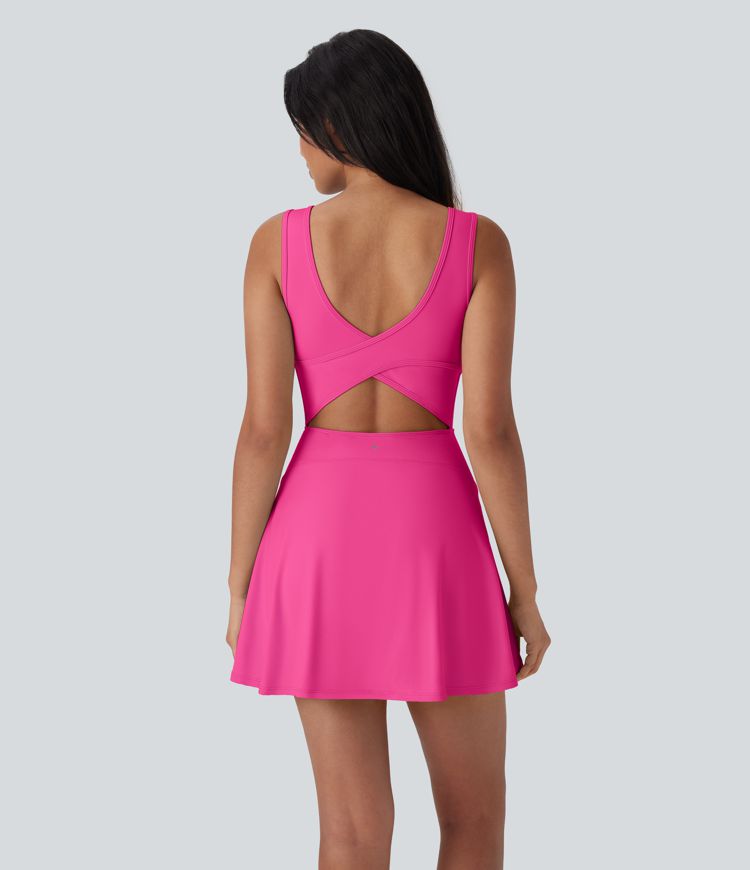 Softlyzero™ Airy Backless Crisscross U Neck 2-in-1 Side Pocket Mini Cool Touch Dance Active Dress-Easy Peezy