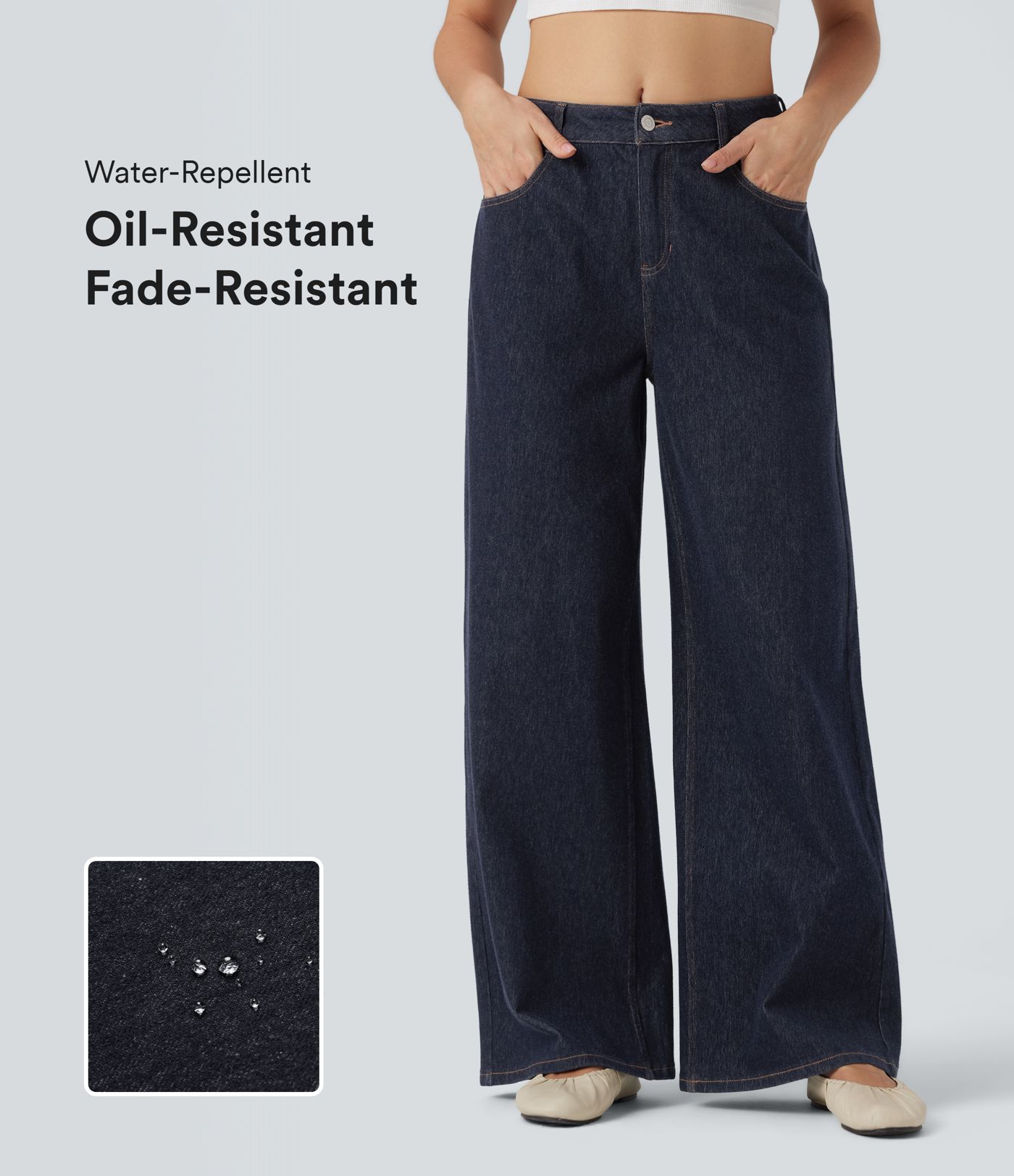 Halara Flex™ Water-Repellent Oil-Resistant Mid Rise Wide Leg Casual Jeans with Pockets
