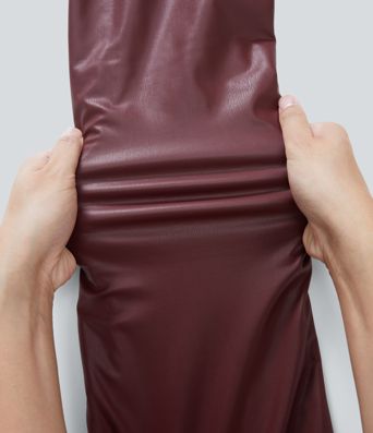 High Waisted Straight Leg Casual PU Faux Leather Trousers with Pockets