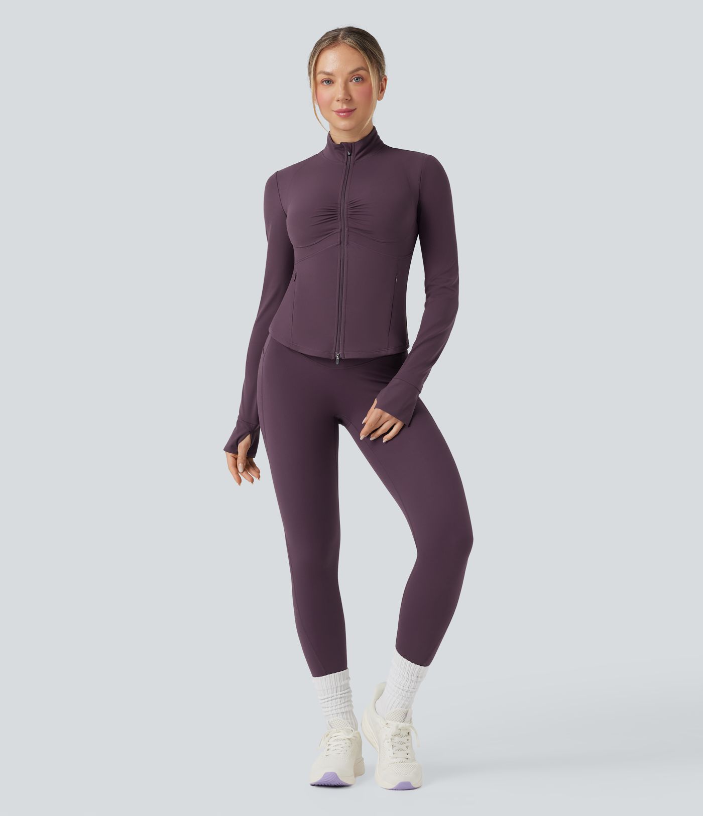 Halara UltraSculpt™ Mock Neck Ruched Push-Up Long Sleeve Thumb Hole Yoga Jacket with Pockets