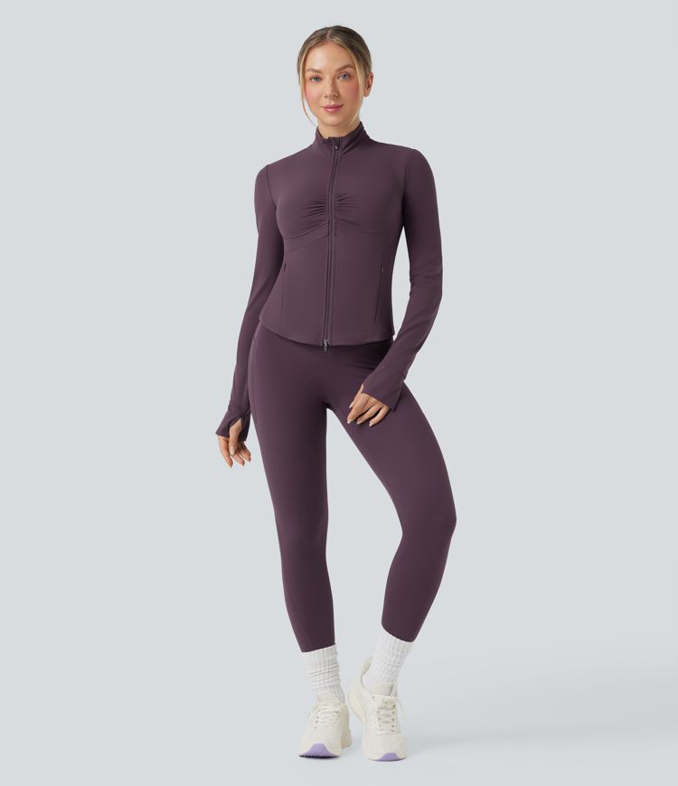 Halara UltraSculpt™ Mock Neck Ruched Push-Up Long Sleeve Thumb Hole Yoga Jacket with Pockets