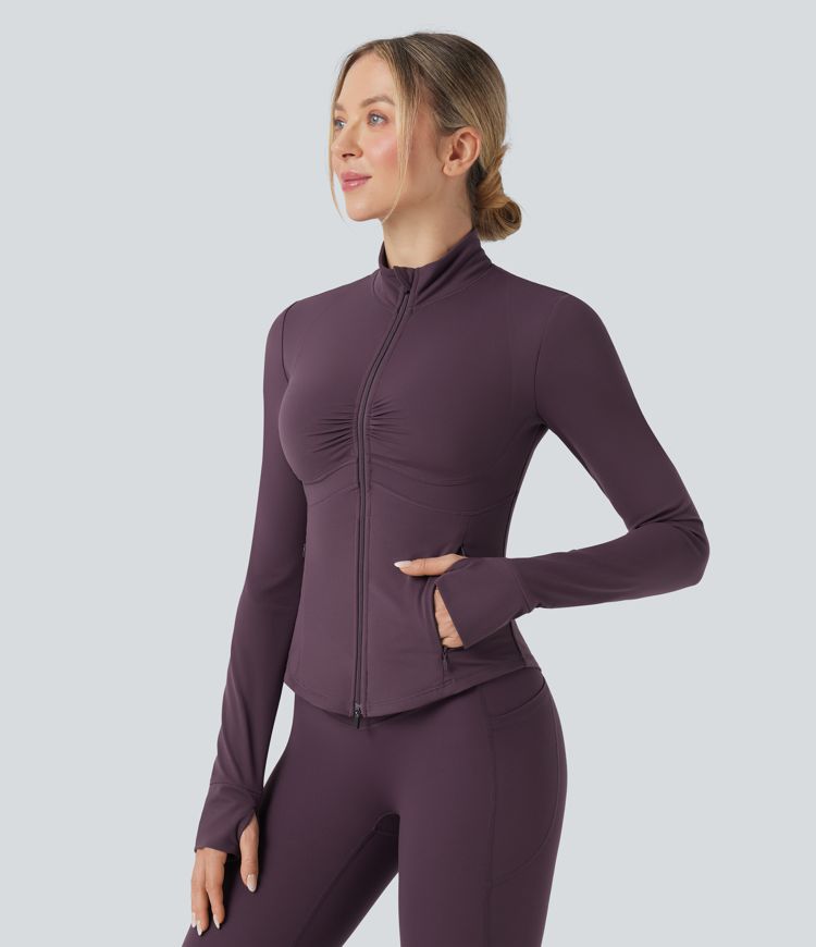 Halara UltraSculpt™ Mock Neck Ruched Push-Up Long Sleeve Thumb Hole Yoga Jacket with Pockets