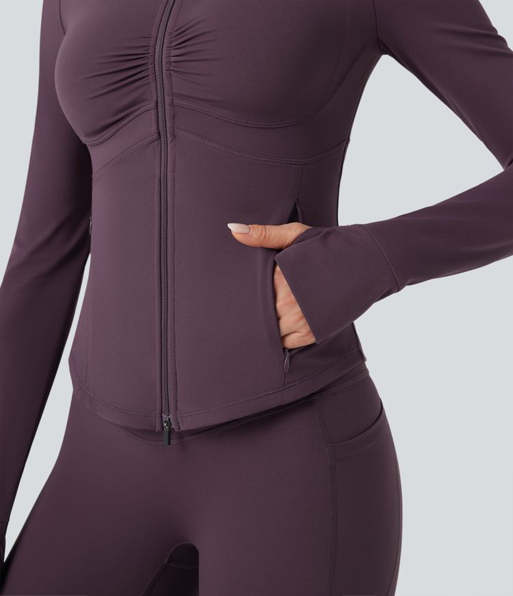 Halara UltraSculpt™ Mock Neck Ruched Push-Up Long Sleeve Thumb Hole Yoga Jacket with Pockets