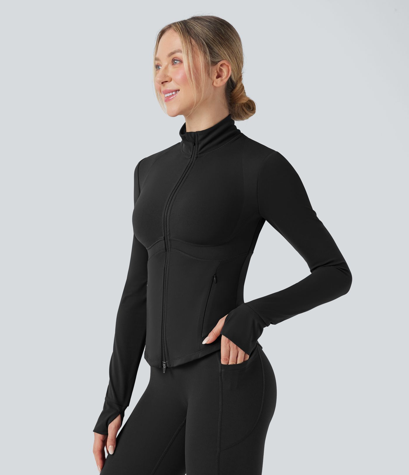 Veste de yoga Halara UltraSculpt™ col montant push-up manches longues à trous pouces avec poches