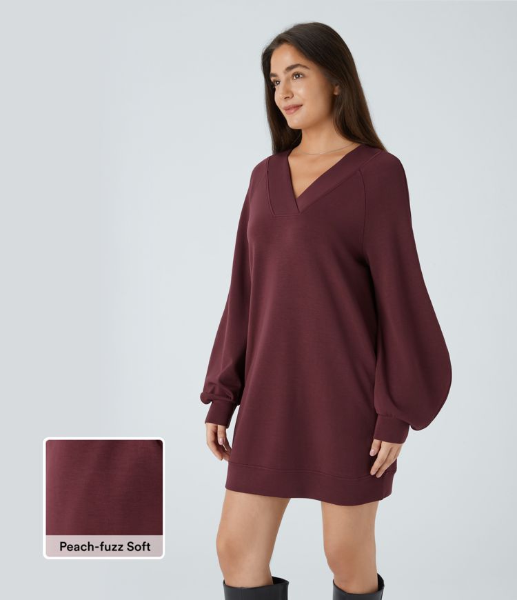 V Neck Raglan Bishop Long Sleeve Relaxed Mini Casual Sweatshirt Dress